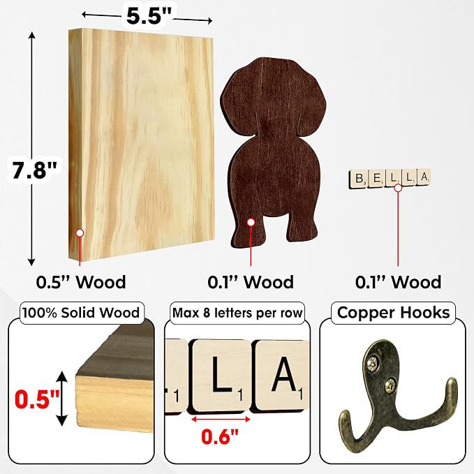 Beagle Dog Leash Holder Wall Mount with Scrabble Letters, Wooden Dog Wall Hook Organizer, Pet Collar and Harness Hanger for Entryway, Key Hook Gift for Pet Lovers, Home Decoration PF297-8