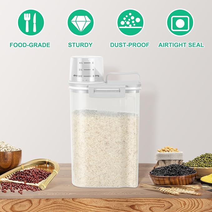 TBMax Rice Storage container 4 Lbs, Small Rice Dispenser with Measuring Cup, Grey Cereal Containers Flour Bin, Kitchen Food Storage Container and Pantry Organizers, Pet Dog Cat Food Dispenser