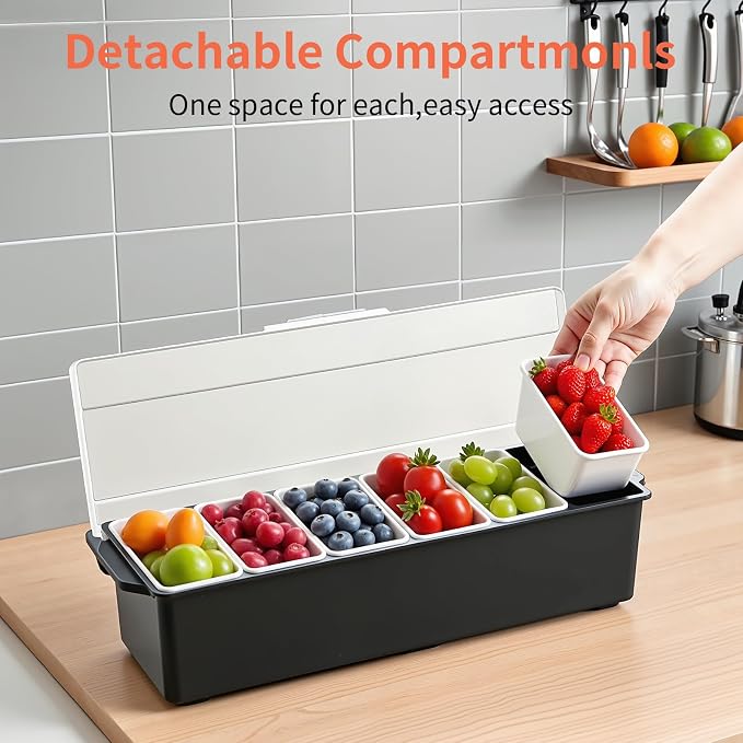 Chilled Condiment Server, 6 Compartment Ice Cooled Condiment Serving Container, Chilled Garnish Tray Bar Caddy with Lid, for Bartending & Serving Taco, Salad, Fruit, Home & Restaurant Supplies