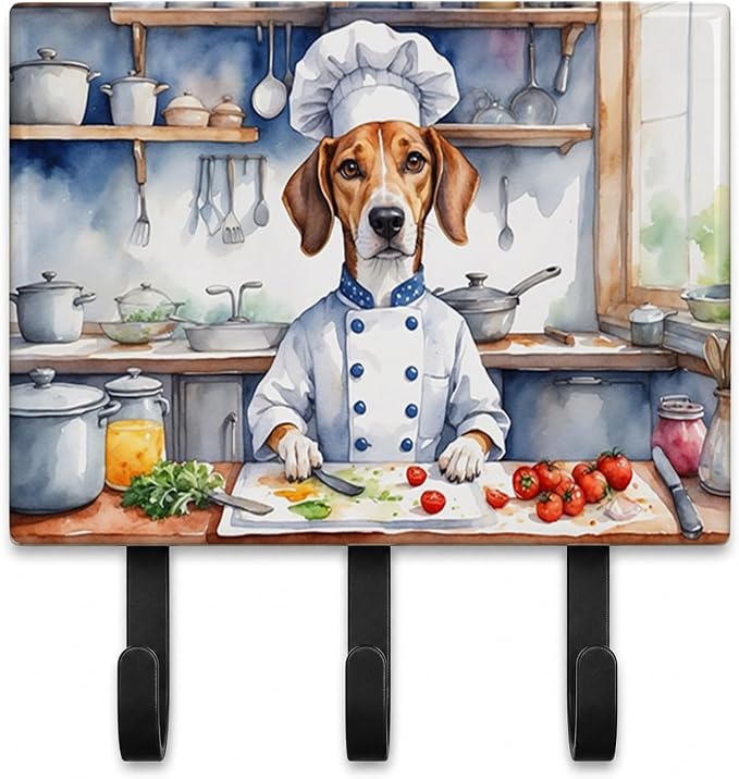 Caroline's Treasures American Foxhound The Chef Leash or Key Holder Wall Hooks, Key Hooks Holder, Coat Rack Wall Mount, Coat Hooks, Hooks for Hanging Keys, Towels, Aprons, Leashes | American Foxhound The Chef artwork on ceramic tile with three steel ho...