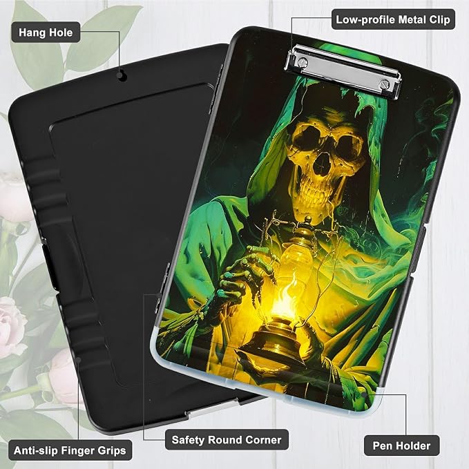 Green Skull Flame A4 Clipboard with Storage Pen Holder, Clipboards Organizer Nursing Clipboard Foldable File Folder Plastic Clipboard Folio Clip Board for Office Students Classroom Doctor