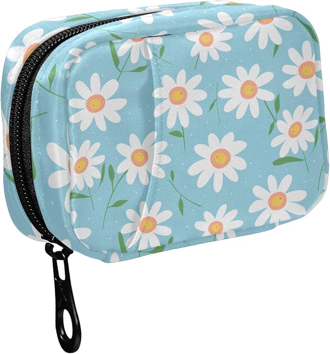 Fustylead Cartoon Daisy on Light Blue Background Pill Organizer for Purse, Weekly Portable Pill Box with Zipper to Storage Vitamins Fish Oils Medications Supplements