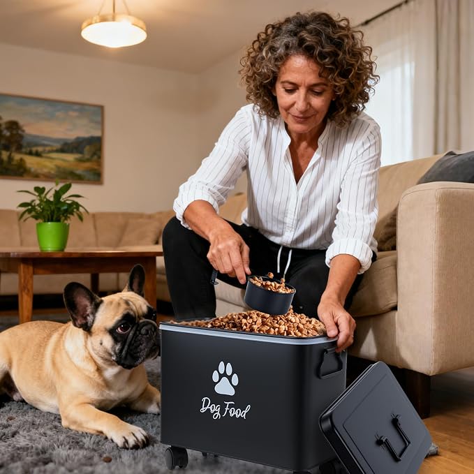 Dog Food Container 13lb, Cute Pet Food Storage with Metal Lid Scoop | Black Metal Storage Bin for Dog/Cat with Wheels,Easy to Move, Need to install