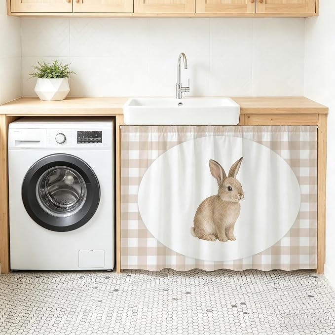 Rabbit Plaid Oven Skirt Curtain for Kitchen Decor 28"x35", Modern Farmhouse Checkered Rustic Animal Self Adhesive Stove Curtains Skirt Cabinet Curtains for Bathroom Laundry Room