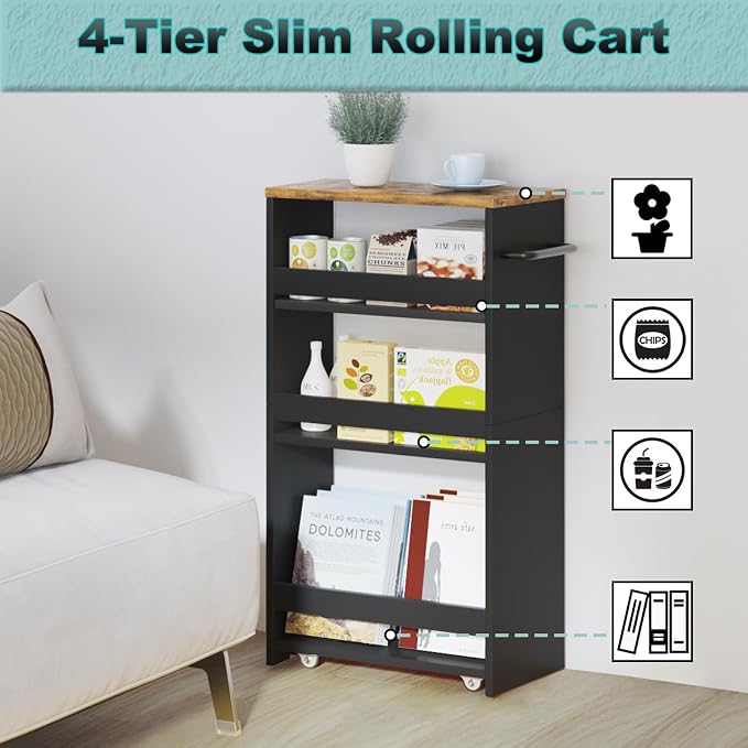 MARTY Slim Rolling Storage Cart 7.9" W Laundry Cart with Wheels,Brown+Black | Narrow Utility Cart Between Washer and Dryer, 3 Tier Mobile Shelving Unit for Kitchen, Laundry, Bathroom, Office, Living Room