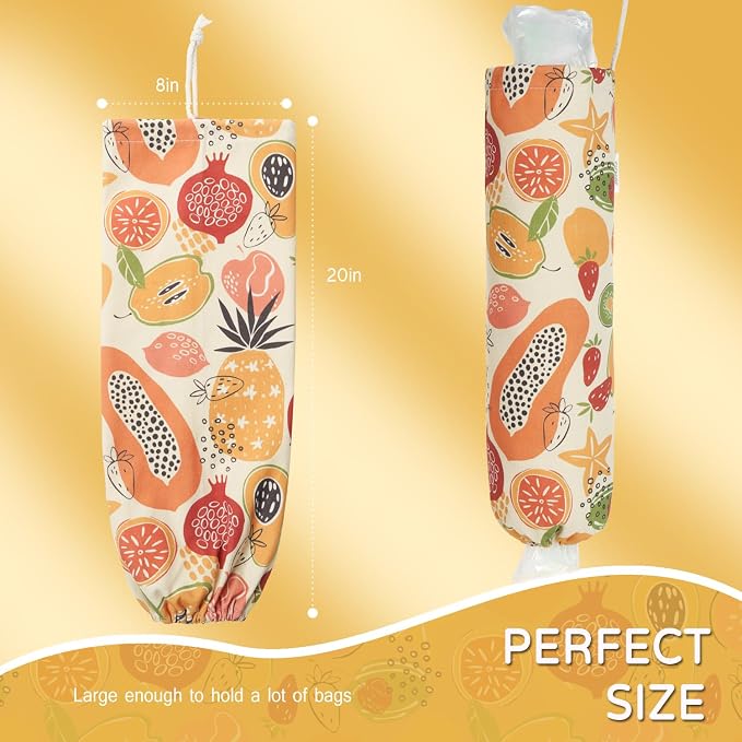 Plastic Bag Holder, Reusable Grocery Bag Holder for Plastic Bags Groceries Store, Flower Canvas Trash Plastic Bag Organizer Storage Holders for Home Kitchen Pantry Decor (Colorful Fruits)