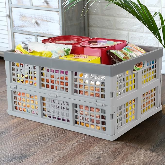 34 L Plastic Collapsible Milk Storage Crates Baskets, 2-Pack, Grey | Foldable Stackable Storage Container Crate