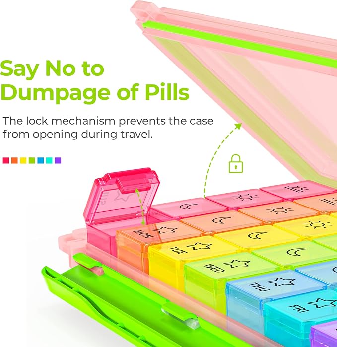 AUVON Large Moisture-Proof Weekly Pill Organizer 4 Times a Day, BPA-Free | 7 Day Pill Box Case with Portable Design for Travel, Removable Individual Containers Hold Vitamins, Supplements, Medications