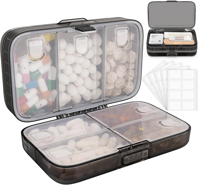 FYY Travel Pill Organizer, Large Weekly Medicine Pill Organizer-Black | Airtight Moistureproof Medicine Case, Easy to Use, 8 Compartment Pill Box for Vitamins, Fish Oil, Supplements,Mini First Aid