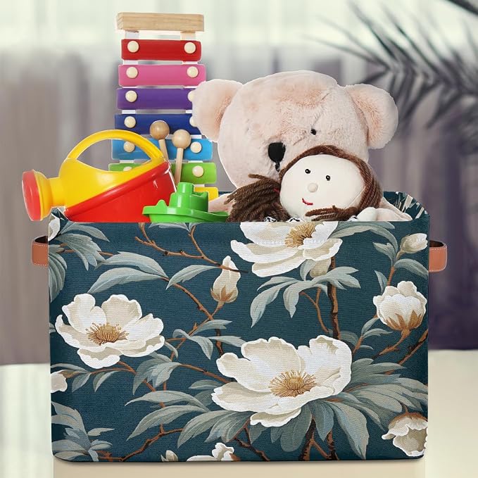 White Rose Leaves Rectangular Storage Bin Collapsible Storage Basket Organizer Boxes with Leather Handle Storage Cube for Shelves Toy Laundry Nursery 1 PC