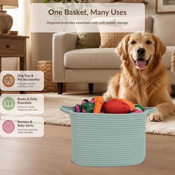 XUANGUO Woven Cotton Rope Storage Basket with Handles 13x10x9 inch Green | Woven cotton rope basket for shelves and closets. Perfect for toys, books, clothes, nursery storage and gift baskets