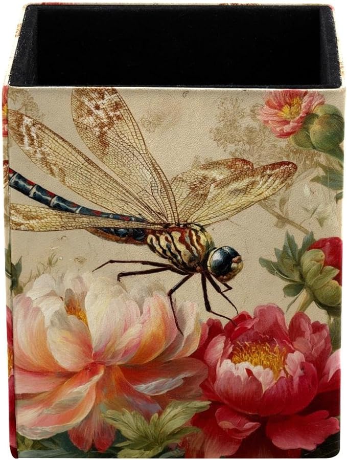Retro Dragonfly Pen Holder for Desk Decor, Rectangular PVC Leather Pencil Cup for Desk Pen Organizer, Makeup Brush Holder for School, Home, Office