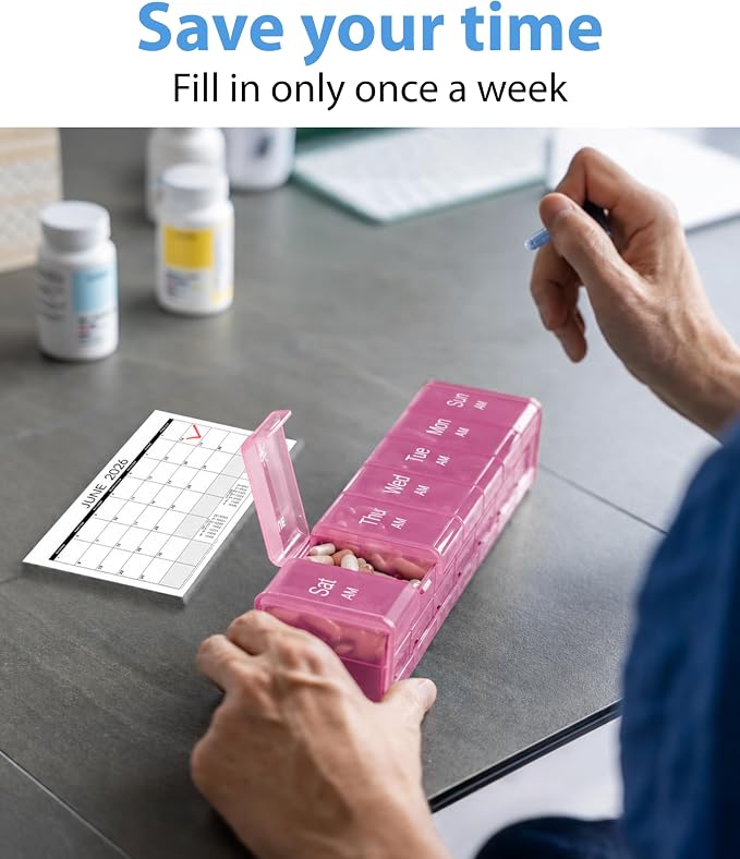 Extra Large Pill Organizer - XXL Vitamin Holder for Weekly Supplements - Double Sided Pill Box 7 Day with Big AM PM Compartments Huge Daily Medicine Dispenser 2 Times a Day Reliable and Easy-to-Use