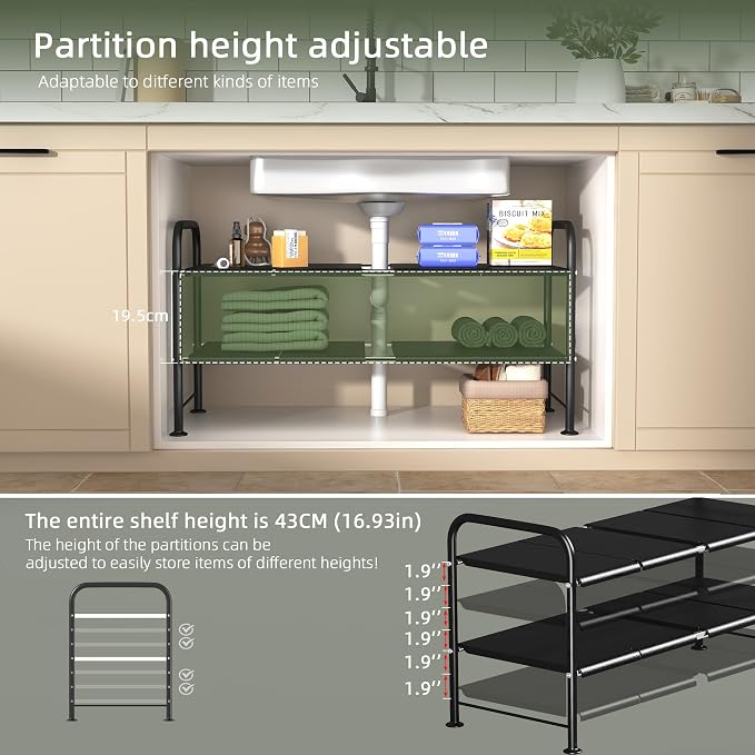Under Sink Organizers and Storage,Expandable under cabinet organizer Shelf | 2 tier expandable shelf for kitchen and bathroom,8 Removable Carbon Steel Panels,27.36-36.02" W x 12.28" D x 16.93" H