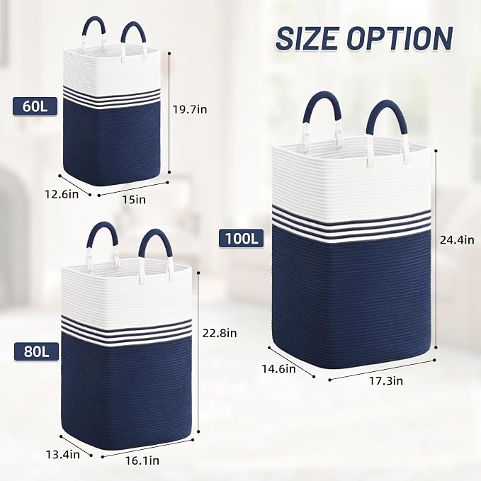 Laundry Basket Hamper,Blanket Storage,Dirty Clothes Hamper with Swivel Handles,Woven Cotton Rope Toy Baskets,Blanket Basket Living Room,Decorative Hampers for Nursery,Bedroom,White & Blue,80L