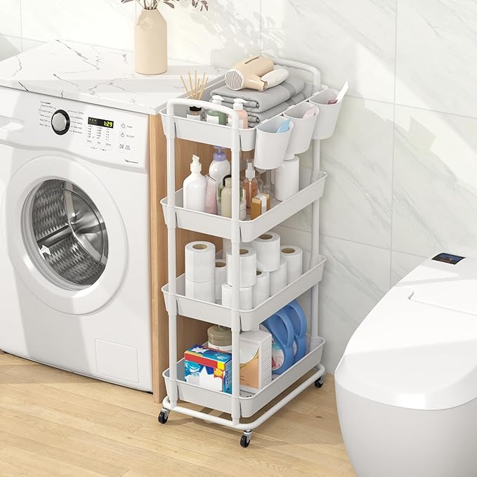 4-Tier Plastic Rolling Storage Cart Utility Cart White | Utility Cart with Extra Hanging Cups Arc-Shaped Handles Lockable Wheels for Living Room Bathroom Kitchen Office