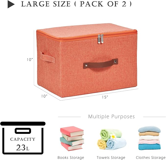 2PCS Storage Bins with Zipper Lids Decorative Lidded Basket Box | Clothes Container, Closet Shelf Organizer, Foldable Washable, Cotton Linen Fabric, w/ PU Leather Handles, Orange, Large