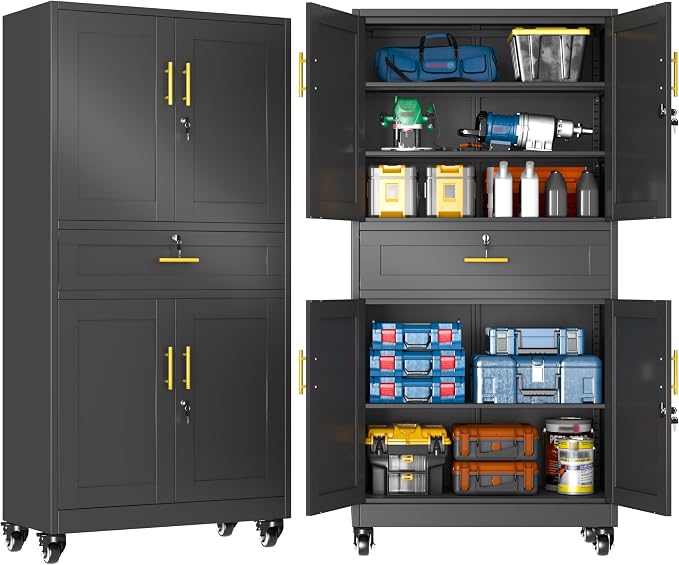 GAIOUS 74” Tall Metal Garage Storage Cabinet with Wheels and Drawer, Steel File Cabinet for Home Office, Tool Cabinet with 4 Locking Doors and 3 Adjustable Shelves, Rolling Cabinet for Garage-Black