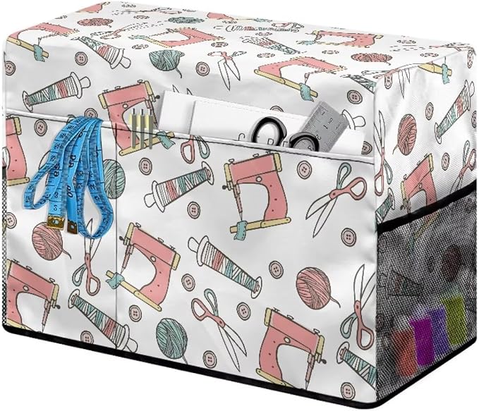 Sewing Machine Cover,Protective Cover with Side Handle and Sewing Essentials Pockets,Dust & Pet Hair Protection,Fits Standard Singer & Brother Machine Sewing Machine Wool Ball Print