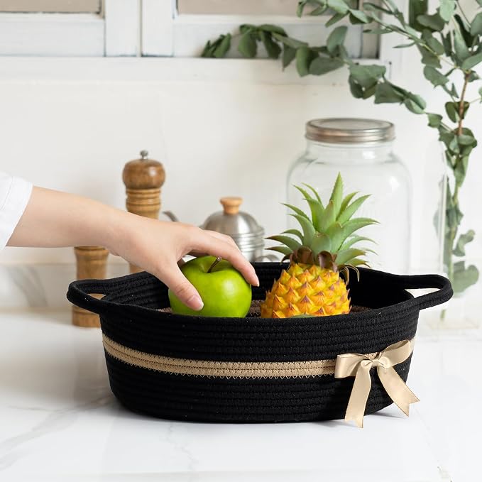 CHICVITA Small Woven Rope Gift Basket, Decorative Boo Basket, Black Brown | 13" x 10" x 5" Storage Baskets for Diapers, Toys & Towels, Fits Nursery, Bedroom & Home Decor, Built-In Handles, Bow Design