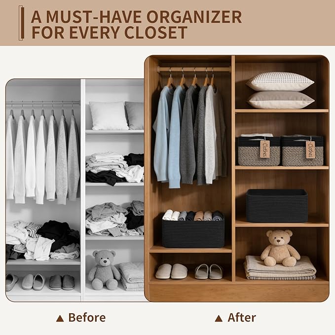 Goodpick 4 Pack Storage Baskets for Organizing Shelves, Black & Jute | 13" x 8" x 6" Woven Rope Baskets for Toys, Books & Magazines, Decorative Gift Basket for Nursery & Home, Rectangle Design
