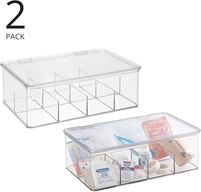 mDesign Plastic Divided First Aid Storage Box Kit with Hinge Lid for Bathroom, Kitchen, Cabinet, Closet - Organize Medicine, Ointments, Adhesive Bandages, Dental - 8 Sections, 2 Pack - Clear