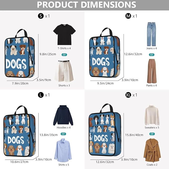 4 Set Compression Packing Cubes for Travel | Cute Dog Collection Cube Storage Organizer For Carry On Expandable Space Saver Packing Bags Travel Essentials
