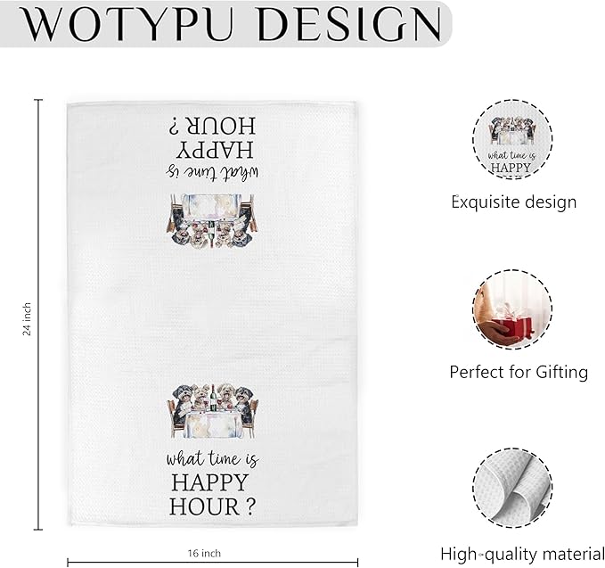 Funny Dog Gift Kitchen Towels, Dog Gifts for Women Men Dish Tea Towel, What Time is Happy Hour Hand Towels for Kitchen Dining Room Decor, 16x24 Inch