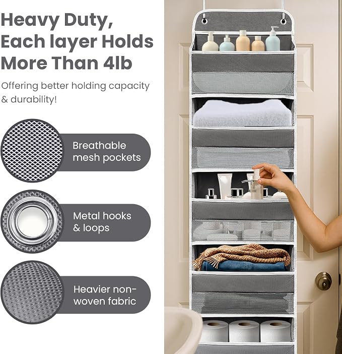 Over the Door Organizer with 10 Side Mesh Pockets,6 Shelf | 4 Shelf Capacity Hanging Behind the Door Kitchen Organizers&Storage Suitable for Storing Toys, Shoes, Towels, Dark Grey