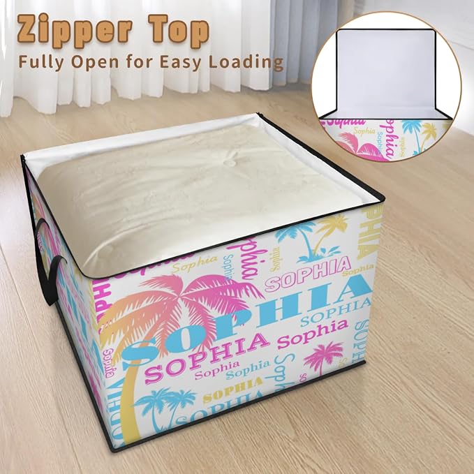 Personalized Extra Large Storage Basket with Lid, Comforters, Bedding Toys Colorful Pink Blue Yellow Palm Trees White Background Storage Bin for Home Basket for Clothes, Moving, Car Trunk
