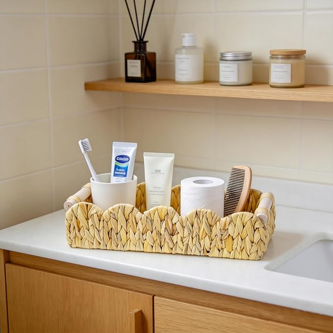 Decorative Toilet Paper Storage Basket, Modern Farmhouse Home Decor Scalloped Basket for Organizing, Pantry Baskets for Shelves, Countertop, Living Room, Wood Handles, Natural Water Hyacinth (1Pack