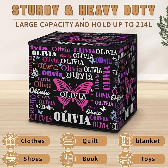 Personalized Extra Large Storage Basket with Lid, Comforters, Bedding Toys Black with Pink Purple Butterflies Storage Bin for Home, Collapsible Basket for Clothes, Moving, Car Trunk