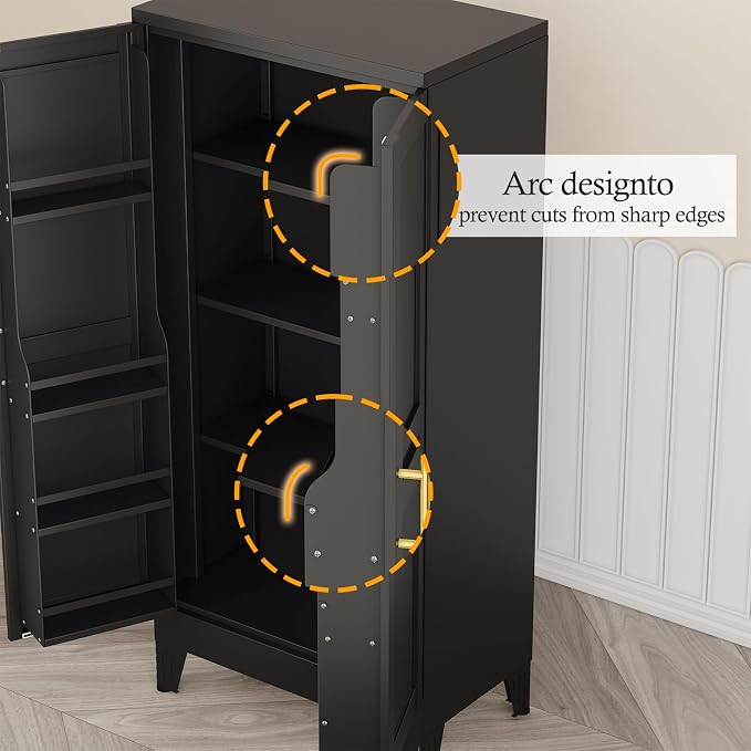 Black Kitchen Pantry Storage Cabinet, 48" Metal Storage Cabinet | Steel Storage with Doors and 3 Adjustable Shelves, Metal Freestanding Buffet Cupboards Sideboard, for Office, Home, School
