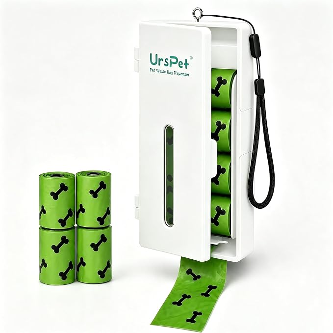 URSPET Dog Poop Bag Dispenser with 4 Rolls, Wall Mount Pet Waste Holder | Stick-On or Screw-On, Viewing Window, Easy Bag Pull, Flip-Top Refill, 60 Bags Included, Indoor and Outdoor Use