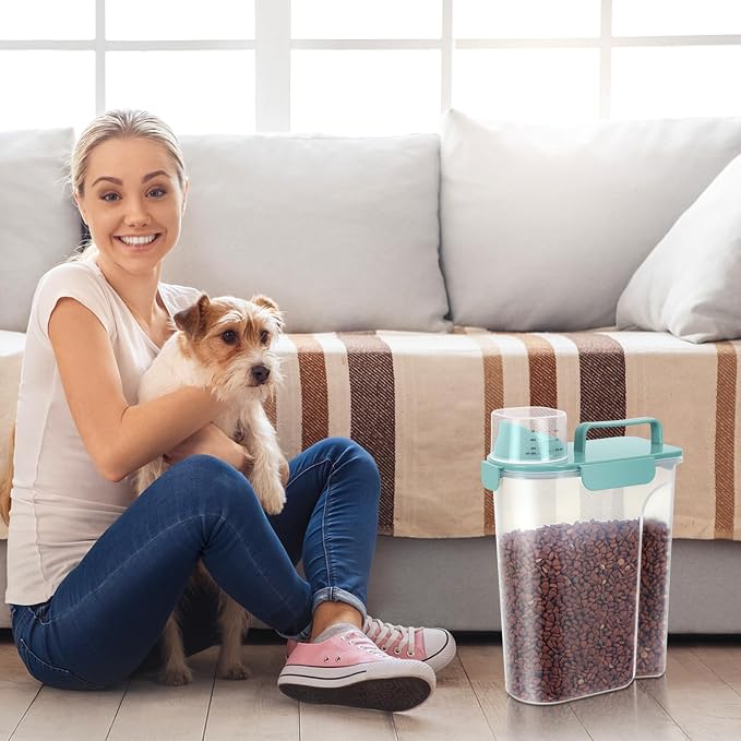 5-7 LBS Cat Dog Storage Container Portable with Upgraded Large Spout and Cup, Plastic Pet Food Dispenser for Small Animal Kibble, Bird Seed, Oatmeal, Rice, Flour, Brown Sugart-2 pack Elegant Blue