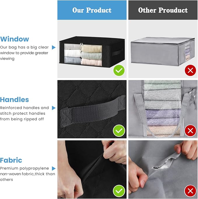 HomeHacks 3-Pack Clothes Organizer Storage Bags, 35L Storage Bins, Black | Foldable Storage Box Container with Zippers, Clear Window, Reinforced Handles for Closet, Dorm, Pillows, Bedding, Sweater