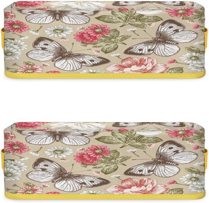 Flowering Butterfly Plants Bathroom Storage Basket, Foldable with Handle Open Countertop Paper Towel Decorative Box, Toilet Tank Top Shelf Baskets for Home Closet Bedroom Living Room Office