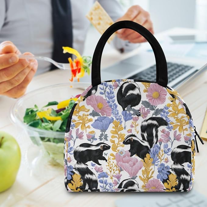 Lunch Bag Pink Flower Pets Skunks Insulated Lunch Box Cooler Lunch Container Organizer Reusable Lunch Tote Bags for Work Travel Outdoor