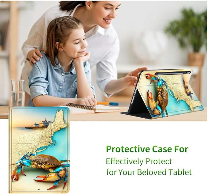 Case for Samsung Tab S10 Ultra/S9 Ultra/S8 Ultra 14.6" 2024/2023/2022 | Slim Leather Smart Cover with Multi-Angle Anti-Slip Stand [Auto Wake/Sleep] Shell for Women Men, Map Crab