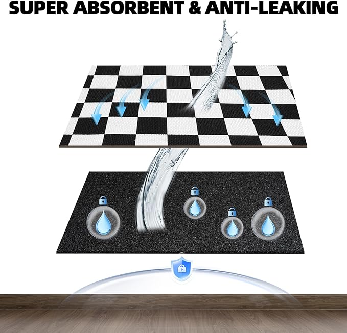 PUPTECK Dog Food Mat, Absorbent Pet Cat Feeding Mat for Food and Water Bowls, Anti-Slip Dog Placemat for Floors Waterproof, Pet Supplies Accessories, Black & White Checkered M