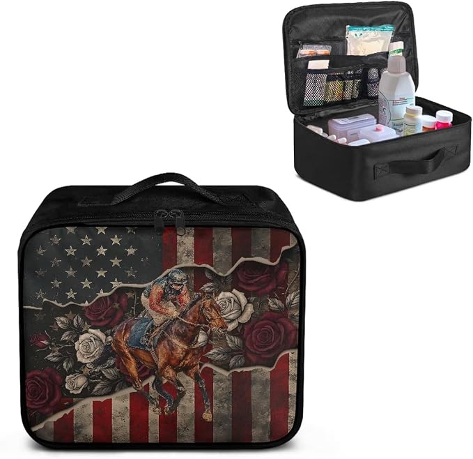 Rnyleeg Retro American Flag Horse First Aid Kit for Home Run for The Roses First Aid Bags Empty Medical Supply Bag for Office Car Camping Hiking