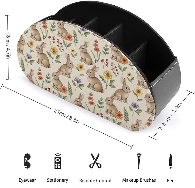 Desk Remote Control Holder Organizer Cute Rabbit Bunnypattern 5 Compartment | Remote Caddy Box, Cute Rabbit Bunnypattern, Pu Leather, Fit Media Player, Maleup Brush, Office Supplies Accessory