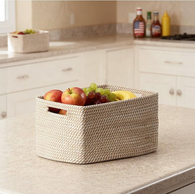 5 Pack Woven Storage Baskets, Decorative Storage Bins for Organizing | 13.8'' × 9.8'' × 7.9'', Cotton Rope Basket Organizer for Closet, Shelves, bathroom, Nursery, Toys, Books, Pantry, Khaki