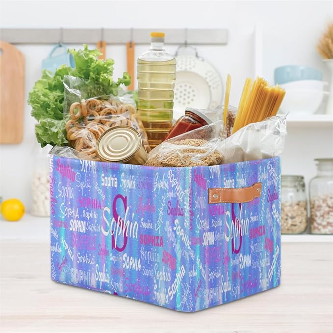 Personalized Storage Basket with Name, Rectangle Toys Storage Bin with Handles for Baby, Boys, Girls, Collapsible Basket for Clothes, Books, Romantic Gradient Blue
