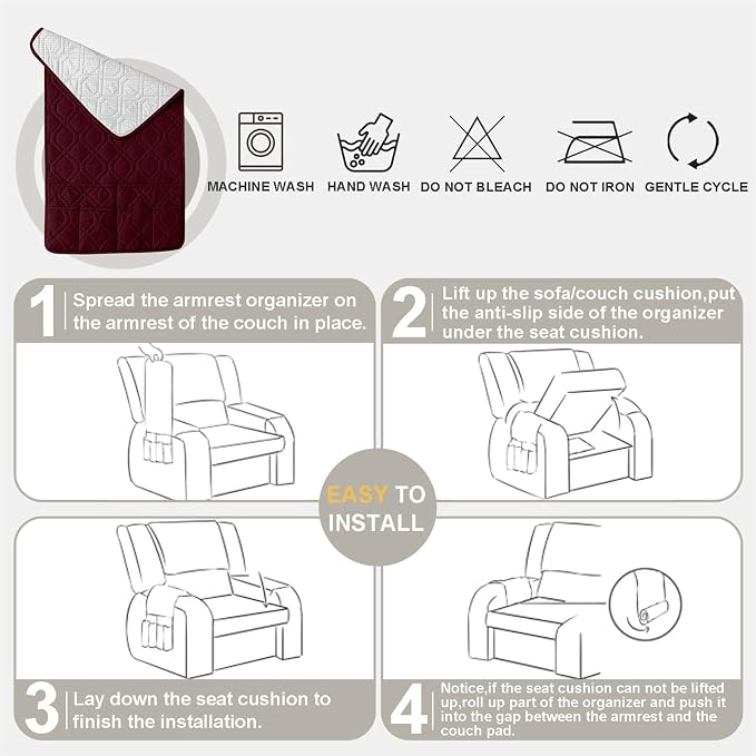 Waterproof Armrest Chair Covers with 6 Side Pocket 1 2 3 Seater Anti-Slip Chair Headrest Cover Armchair Slipcover Washable Protector for Pets Leather Sofa Couch (Wine Red,2 Seater 4PCS)
