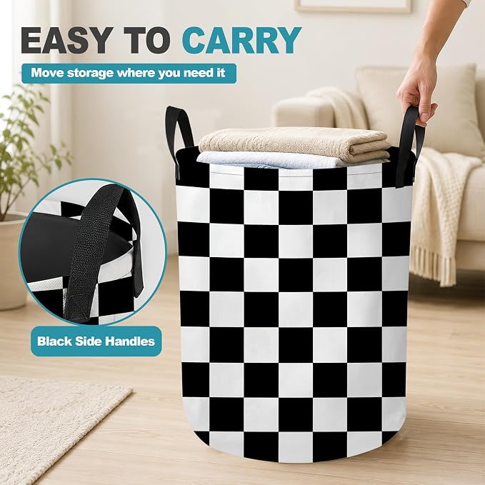 Laundry Hamper,Black White Checkerboard Collapsible Laundry Basket with Handles,Checkered Waterproof Oxford Cloth Clothes Organizer for Bedroom Bathroom Dorm Nursery,16 x 20 Inch
