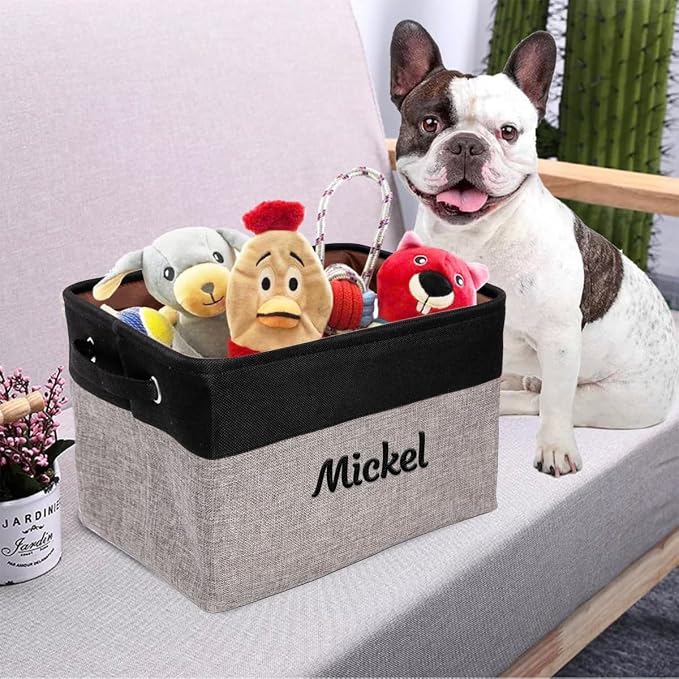 Ulico Personalized Dog Toy Storage Basket, Collapsible Pet Storage Organizer Box with Handles, Custom Dog Toy Bin with Pet's Name Cat Toy Storage Gift for Dog Lovers（Black）