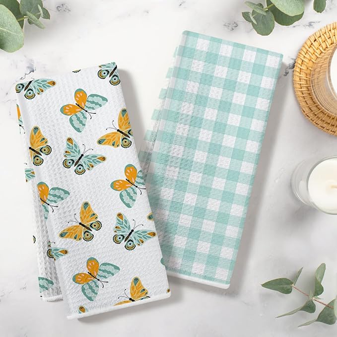 Butterfly and Green Checkered Kitchen Towels, Quick Dry Multipurpose Waffle Weave Hand Towels for Bathroom, Absorbent Reusable Cloth Tea Dish Towels for Home Decor, Butterfly Lover Gift Towel Set of 2