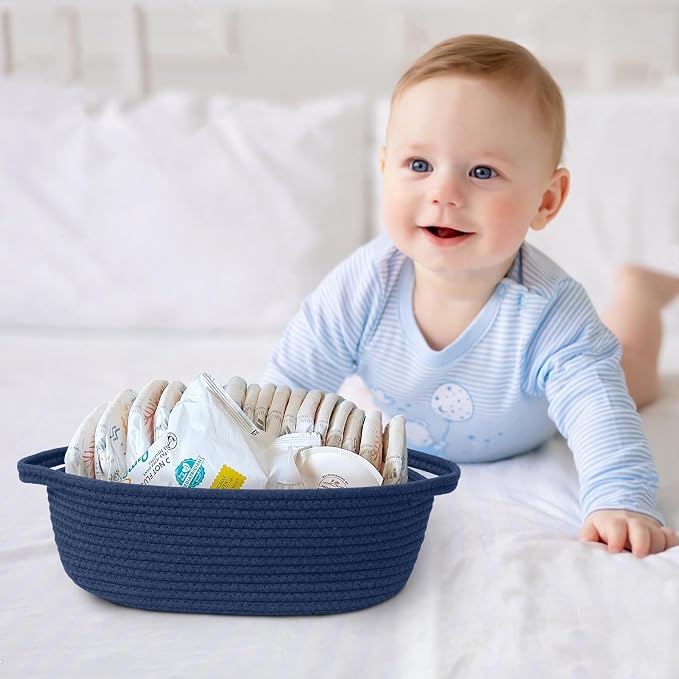 Dark Blue Small Woven Basket, 13” x 9” x 5” Baskets for Gifts Empty, Cotton Rope Gift Basket, Cute Nursery Baby Organizer, Cat Dog Toy Box, Oval Wicker Storage Bin with Handle