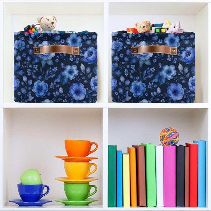 Kigai Storage Basket, Fabric Collapsible Closet Organizer Bin | Blue Flowers Waterproof Foldable Canvas Basket with Handles for Shelves, Nursery, Closet, Bedroom & Bathroom